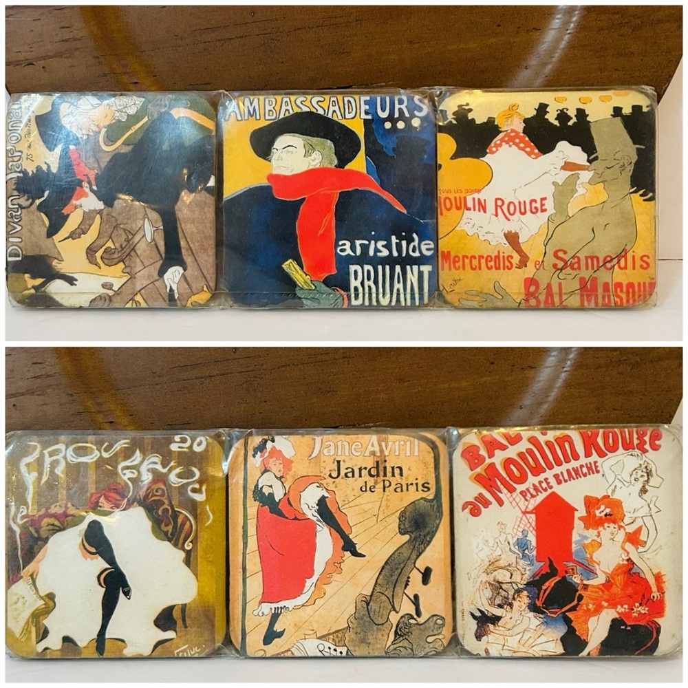 Henri de Toulouse-Lautrec Vintage Set of 6 French Bohemian Art Coaster 1960s